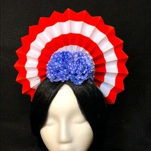 4th of July Striped Paper Medallion/Fan Crown with Blue flowers Headband